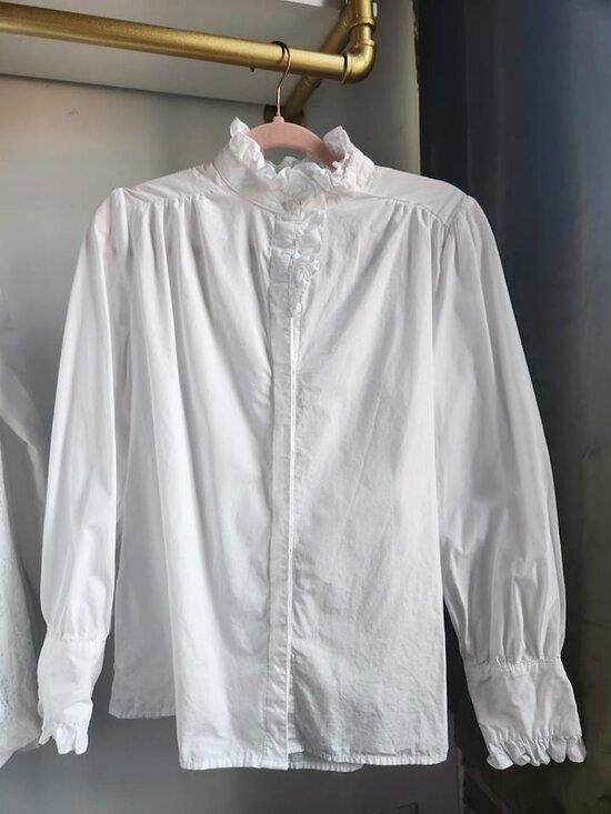 Mazik Tops - Mazik Victorian Womens White Ruffle High Neck Long Sleeve Blouse SZ S